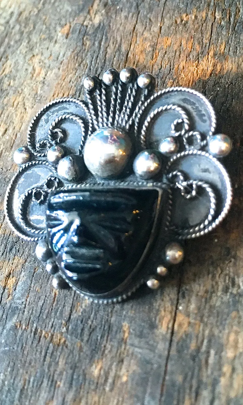 ABOUT FACE 1950s Silver and Onyx Aztec or Mayan Warrior Pin with Headdress