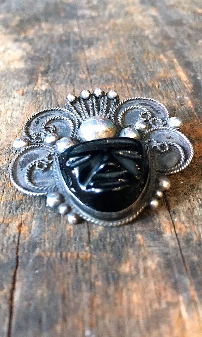 ABOUT FACE 1950s Silver and Onyx Aztec or Mayan Warrior Pin with Headdress