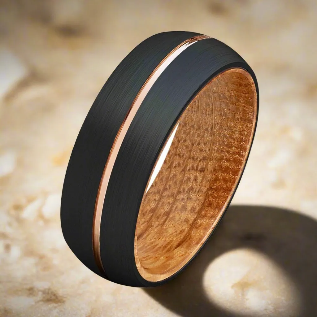 ACALETA | Whiskey Barrel Wood, Black Tungsten Ring, Rose Gold Groove, Domed