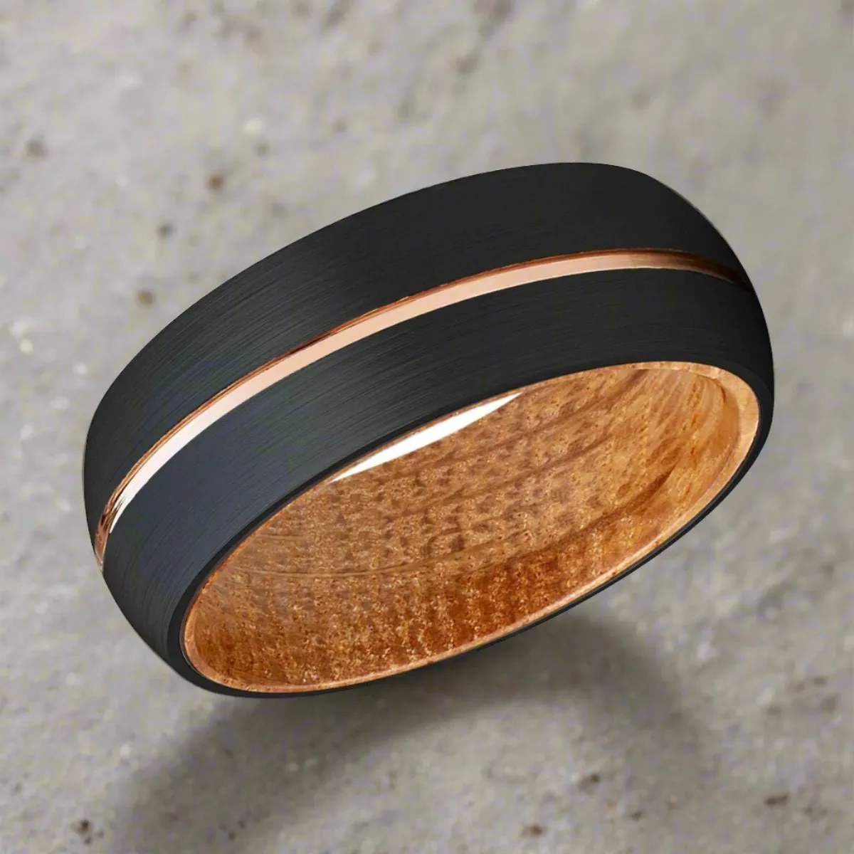 ACALETA | Whiskey Barrel Wood, Black Tungsten Ring, Rose Gold Groove, Domed