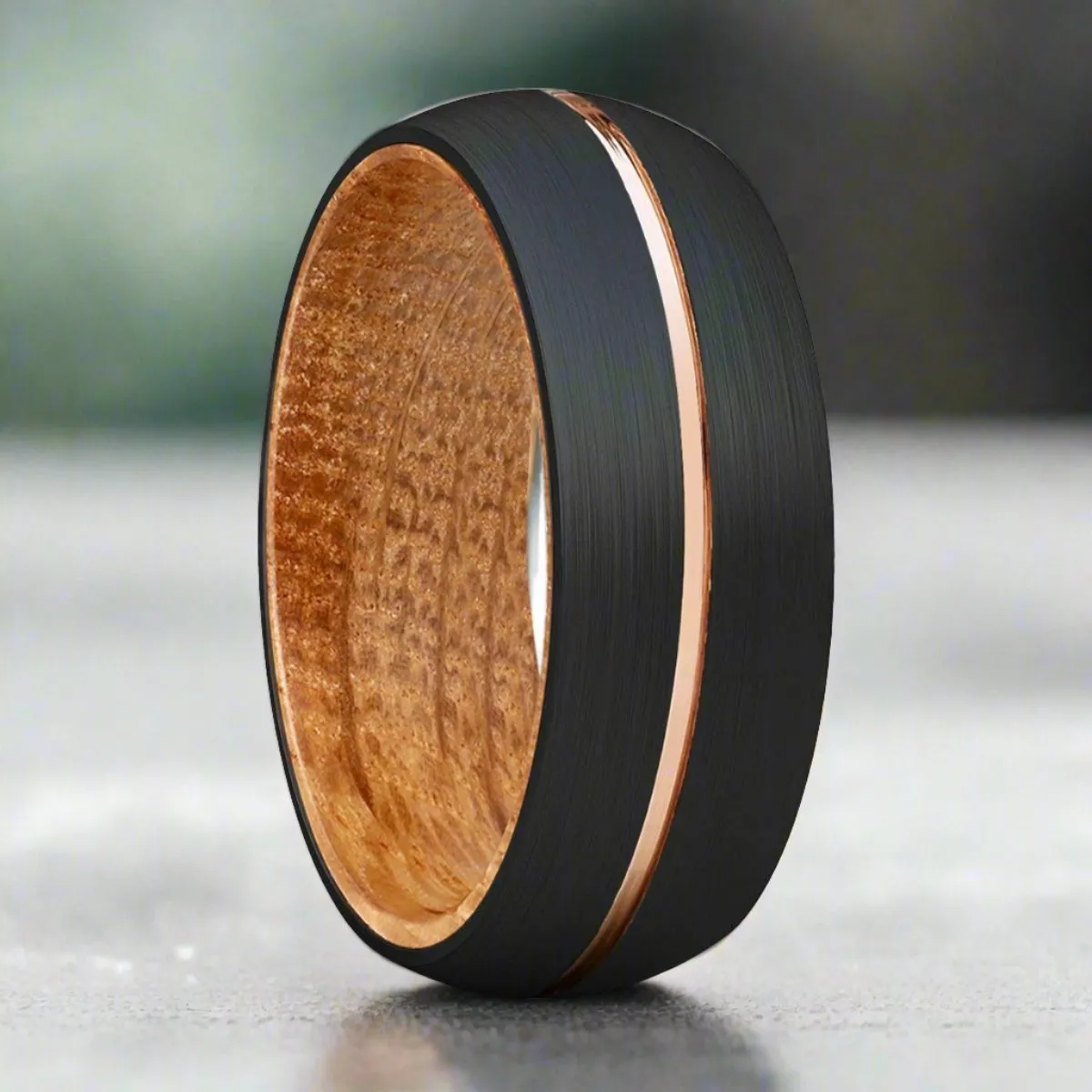 ACALETA | Whiskey Barrel Wood, Black Tungsten Ring, Rose Gold Groove, Domed