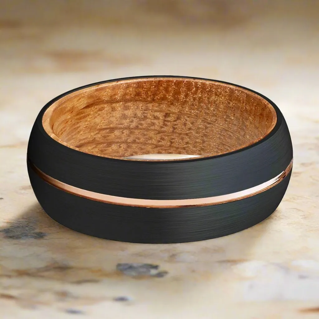 ACALETA | Whiskey Barrel Wood, Black Tungsten Ring, Rose Gold Groove, Domed