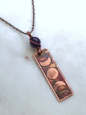 Acid etched copper moon phase necklace with amethyst