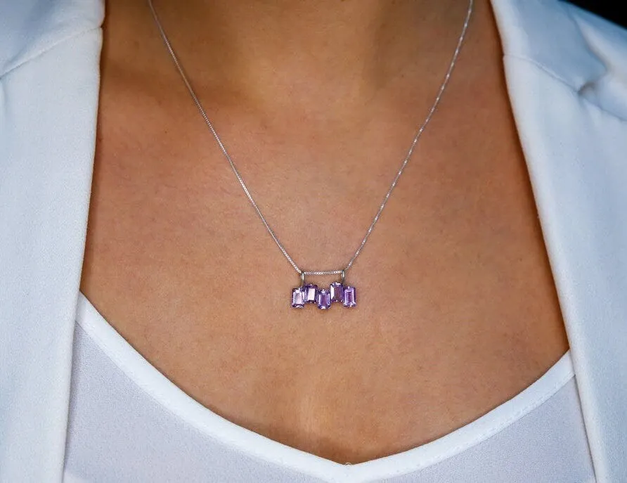 Amethyst Baguette Necklace - Genuine Amethyst Pendant - Asymmetric Amethyst Pendant