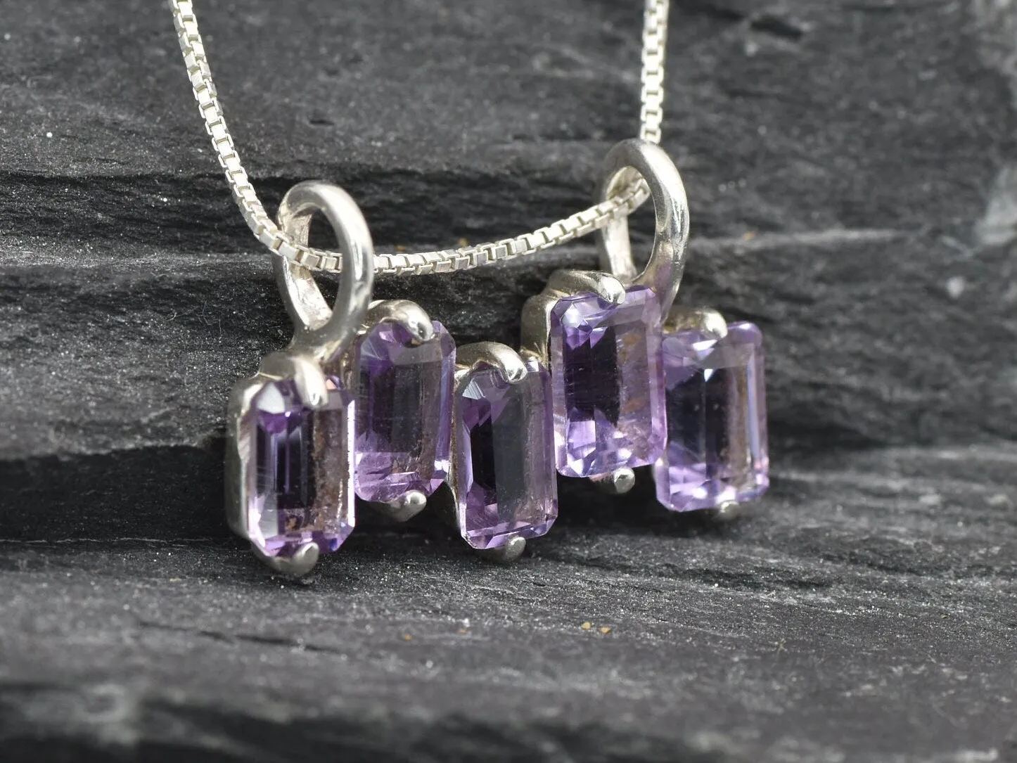 Amethyst Baguette Necklace - Genuine Amethyst Pendant - Asymmetric Amethyst Pendant