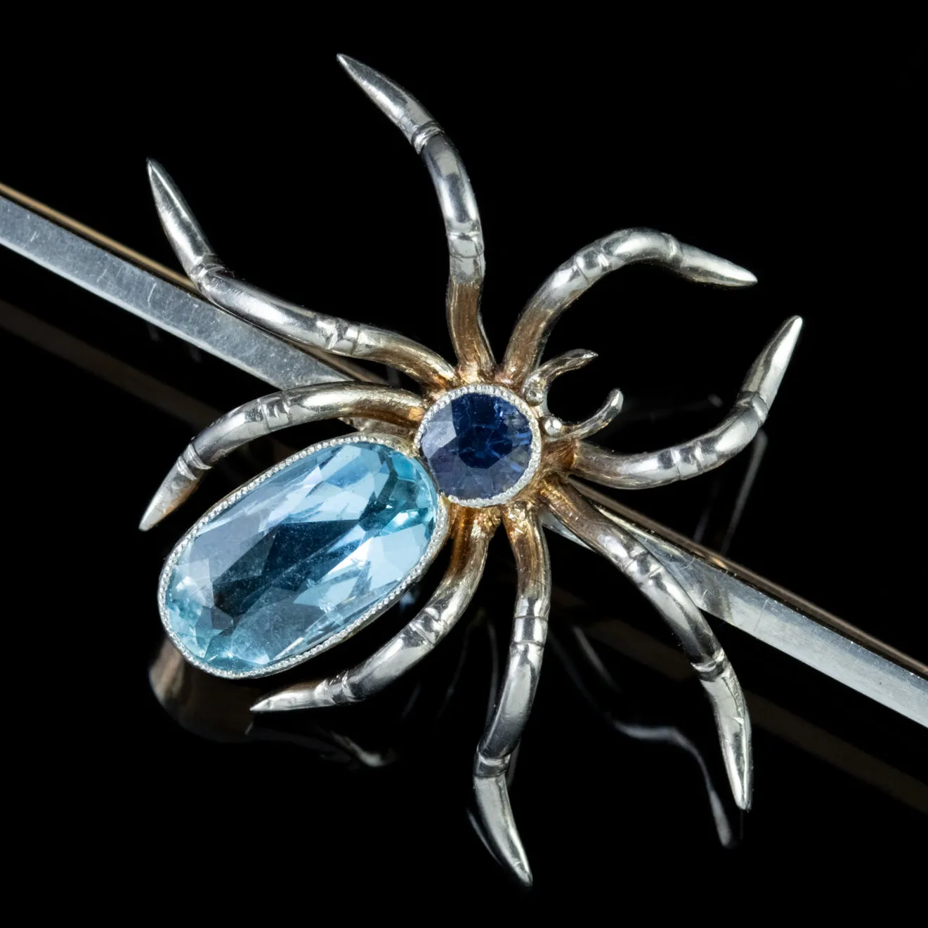 Antique Edwardian Spider Brooch Platinum Sapphire Aquamarine Scottish Boxed