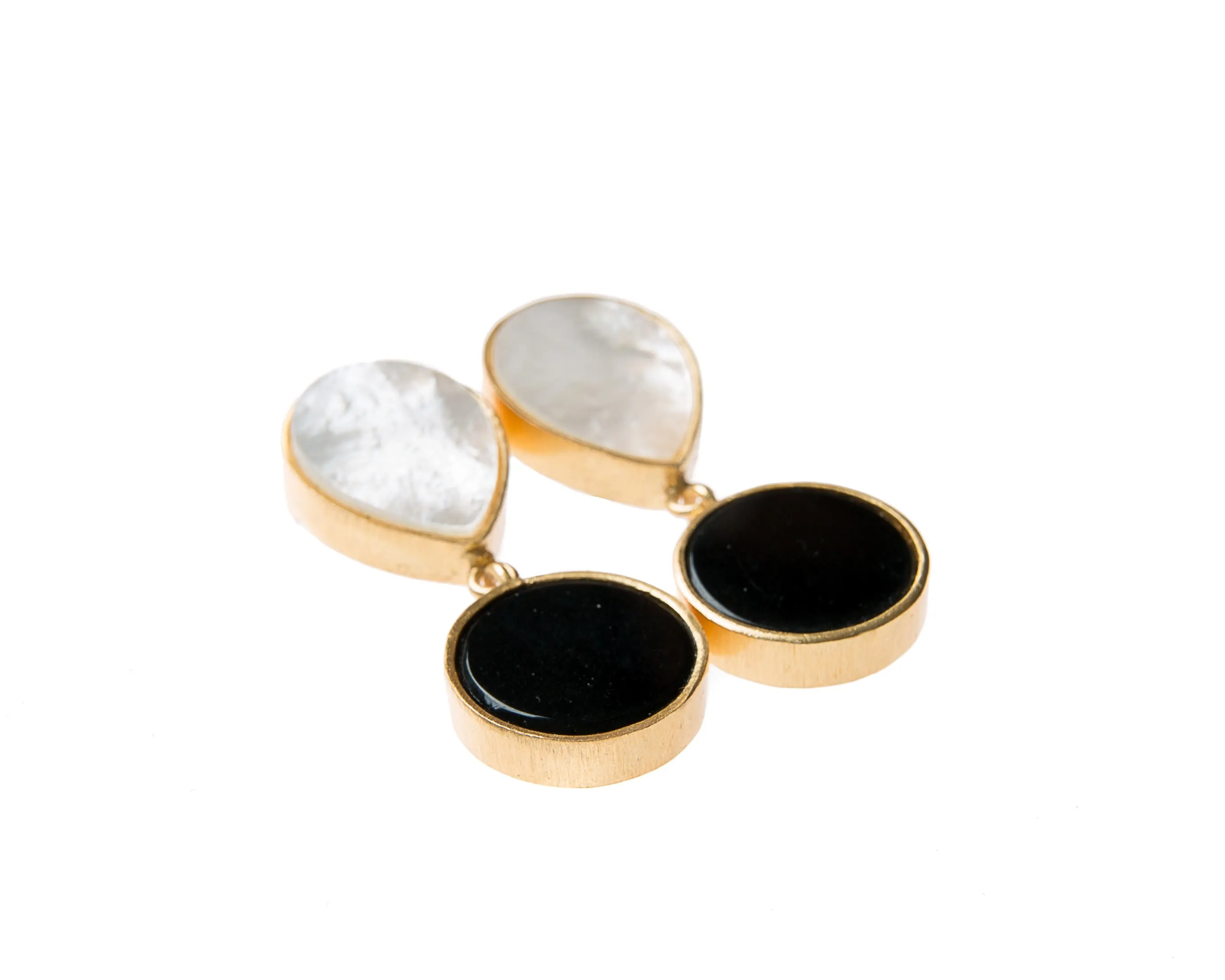 Anya Earrings (Teardrop White Mother-Of-Pearl & Round Black Agate)