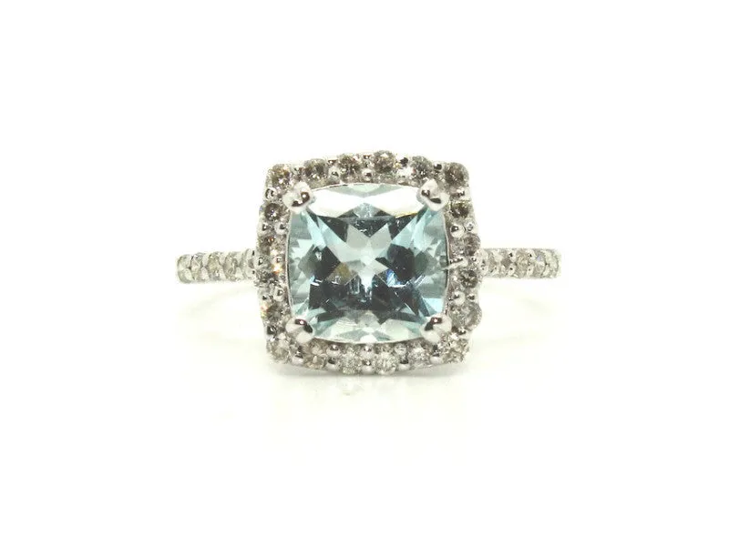 Aquamarine & Diamond Cushion Cluster Ring/ Item Code: RNG 2