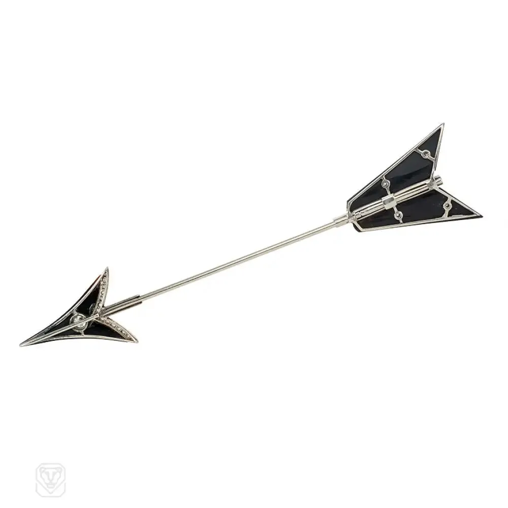 Art Deco onyx, diamond, emerald arrow jabot brooch