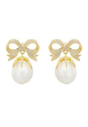 Baroque Pearl Ribbon And Bows Drop Earrings Gold