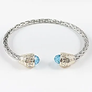 Beautiful Pony Tail Duo Aquamarine CZ Gold Tone Crown Brass Bangle