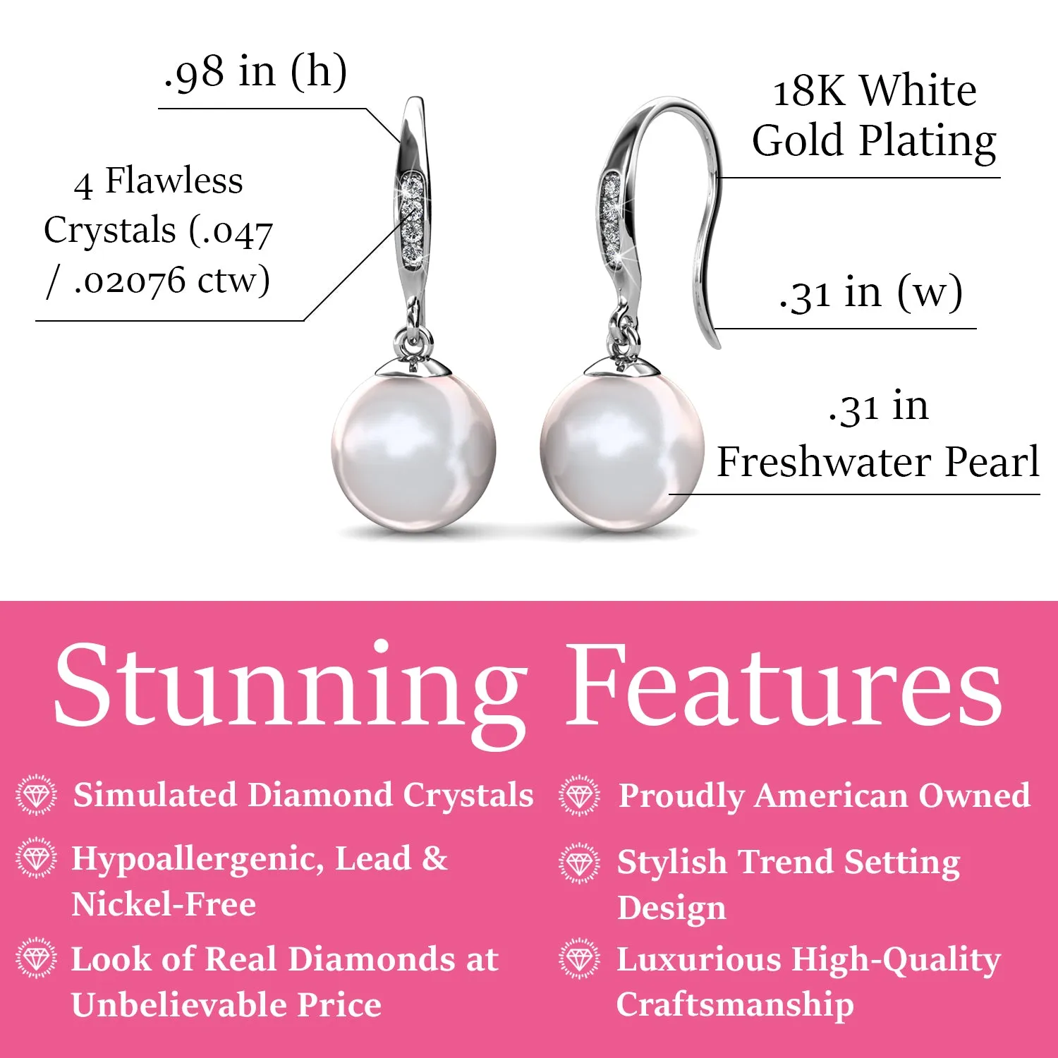 Betty 18k White Gold Plated Freshwater Pearl Drop Dangle Earrings