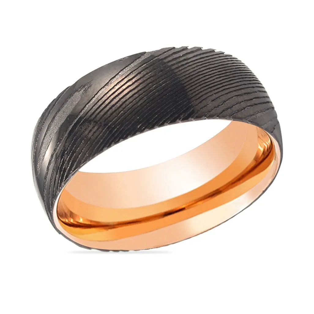 BLAZING | Rose Gold Ring, Gunmetal Damascus Steel Ring, Domed