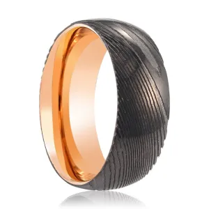 BLAZING | Rose Gold Ring, Gunmetal Damascus Steel Ring, Domed