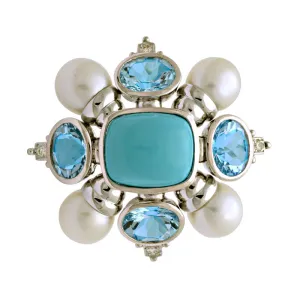 Brooch-Turquoise, Blue Topaz, South Sea Pearl and Diamond