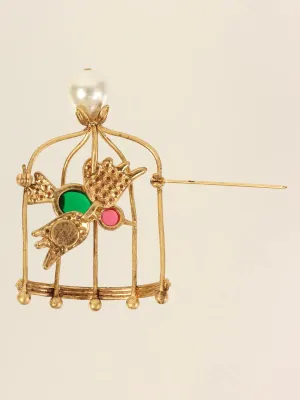 CHANEL 1994 Made Gripoix Pearl Rhinestone Bird Cage Brooch Gold/Multi