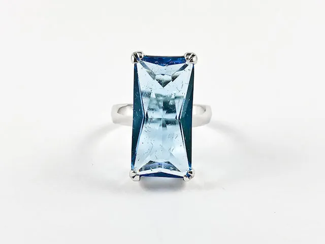 Classic Elegant Blue Radiant Cut Rectangular Shaped Silver Ring