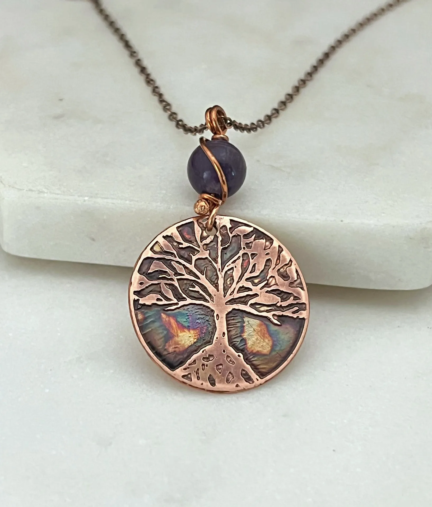 Copper and amethyst rooted tree necklace