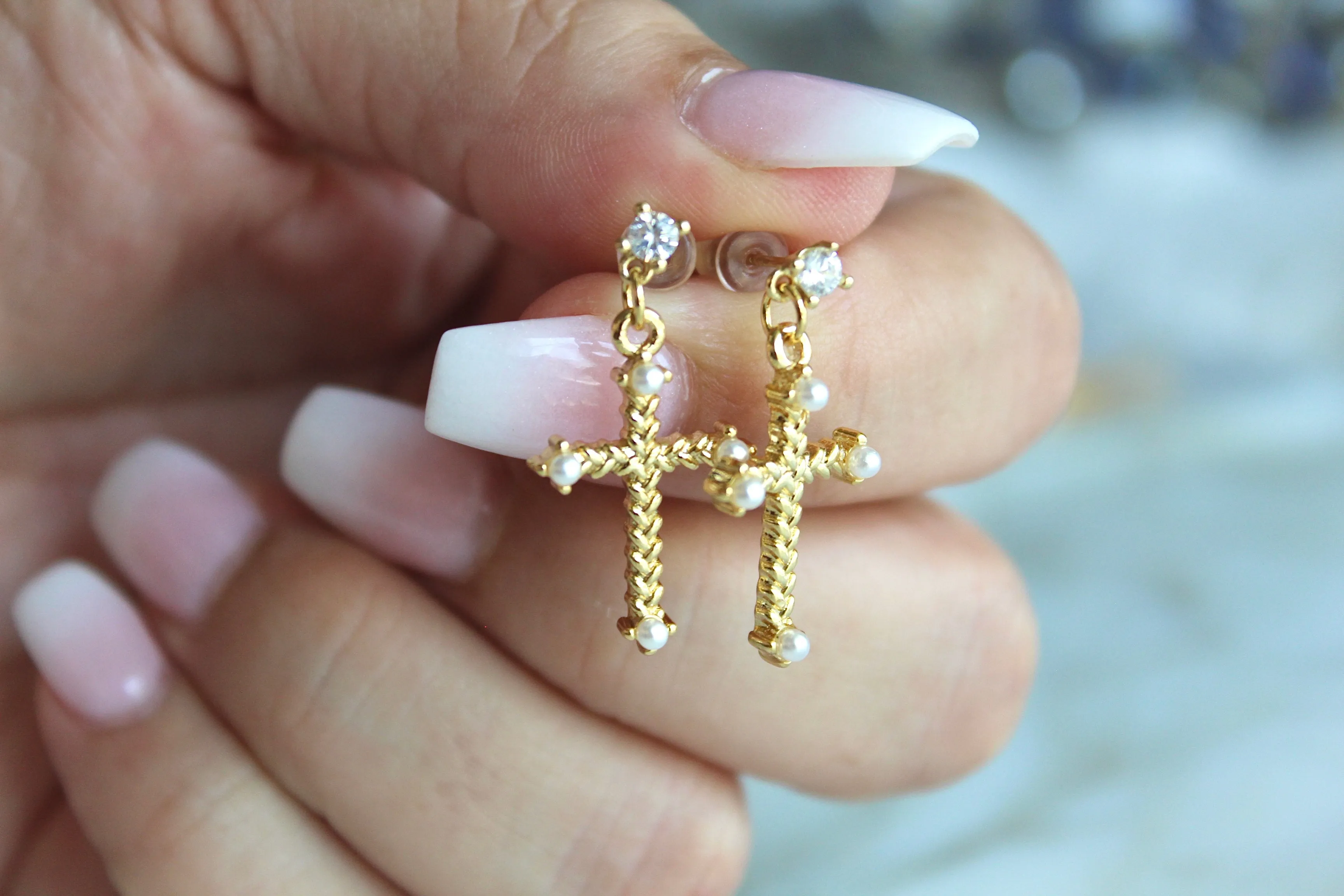 Cross Pearl Earrings