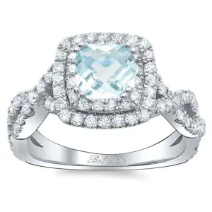 Cushion Aquamarine Double Halo Engagement Ring with Twisted Band