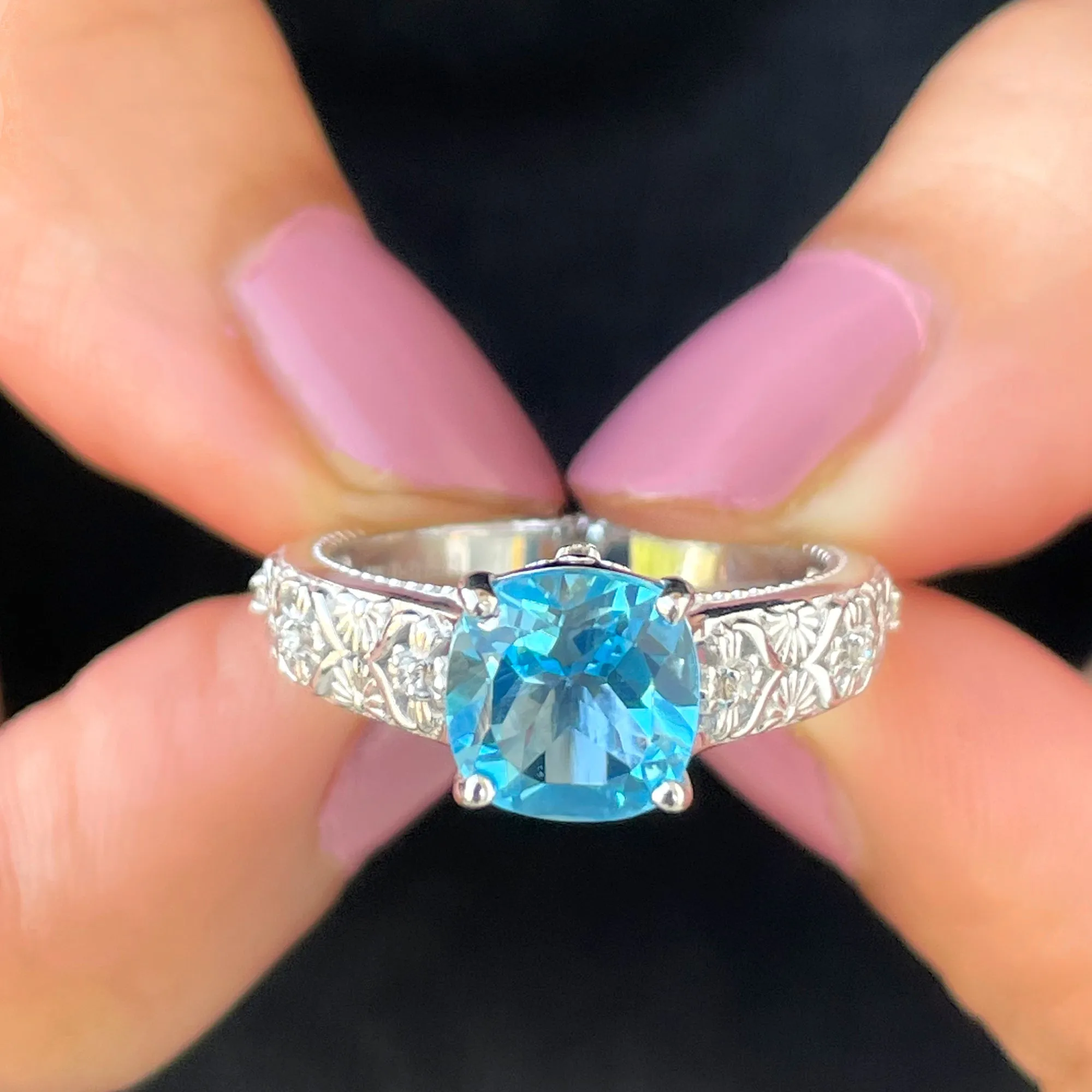 Cushion Cut Swiss Blue Topaz Solitaire Ring with Diamond