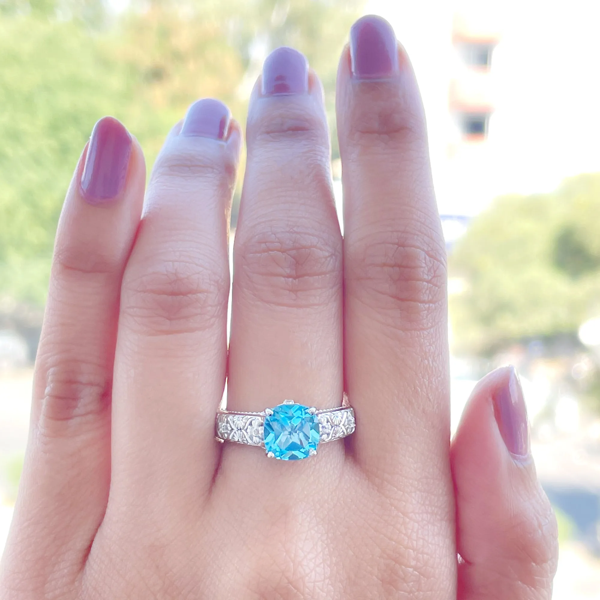 Cushion Cut Swiss Blue Topaz Solitaire Ring with Diamond