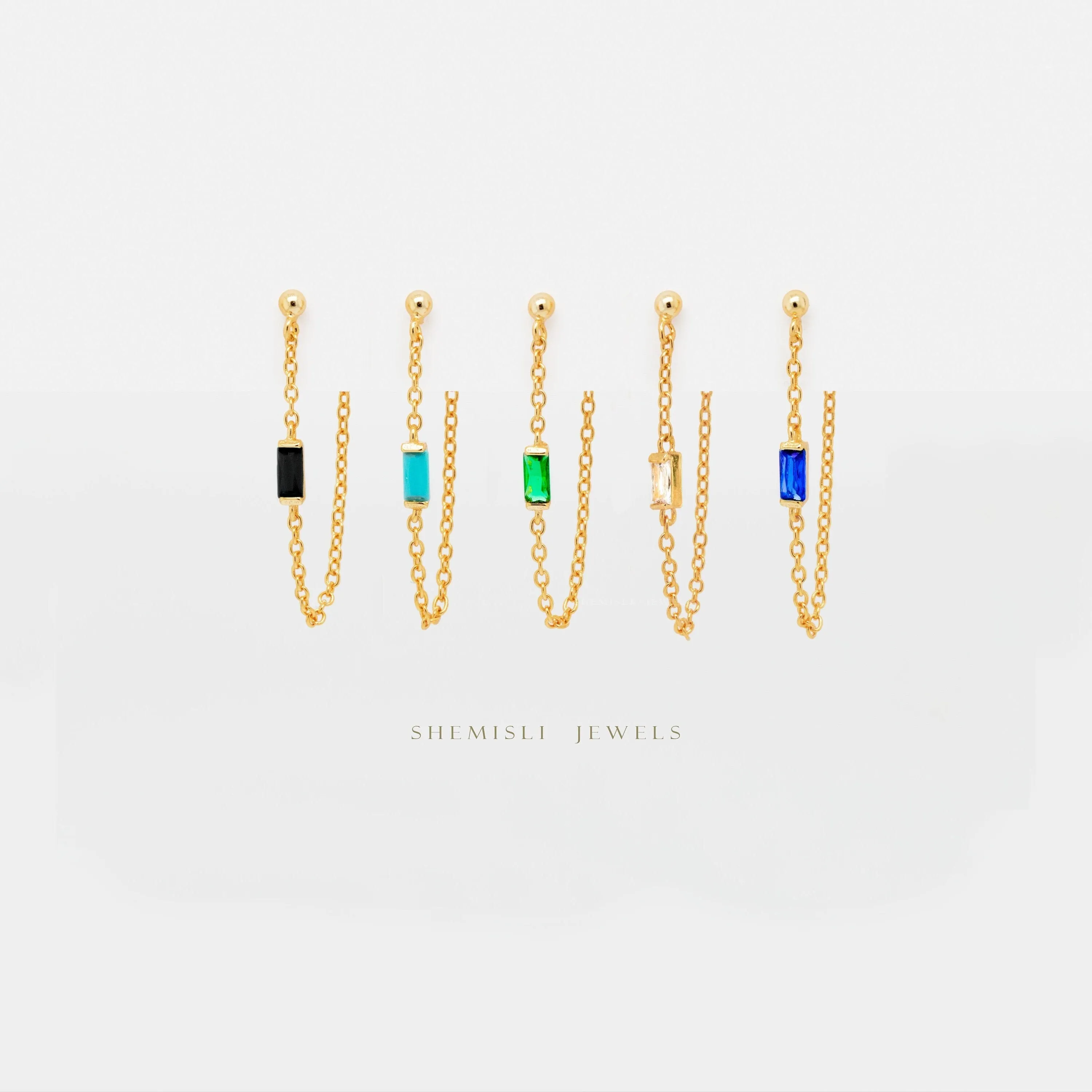 Dainty Baguette Chain Studs, White, Emerald, Turquoise, Sapphire, Black, Unisex, Gold, Silver SHEMISLI SS332, SS302, SS303, SS304, SS305