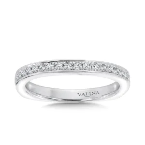 Diamond embellished 14k white gold wedding ring designed to pair with a split shank engagement ring.