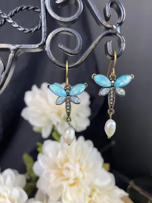 Dragonfly charms, rhinestones, pearls, earrings, jewelry