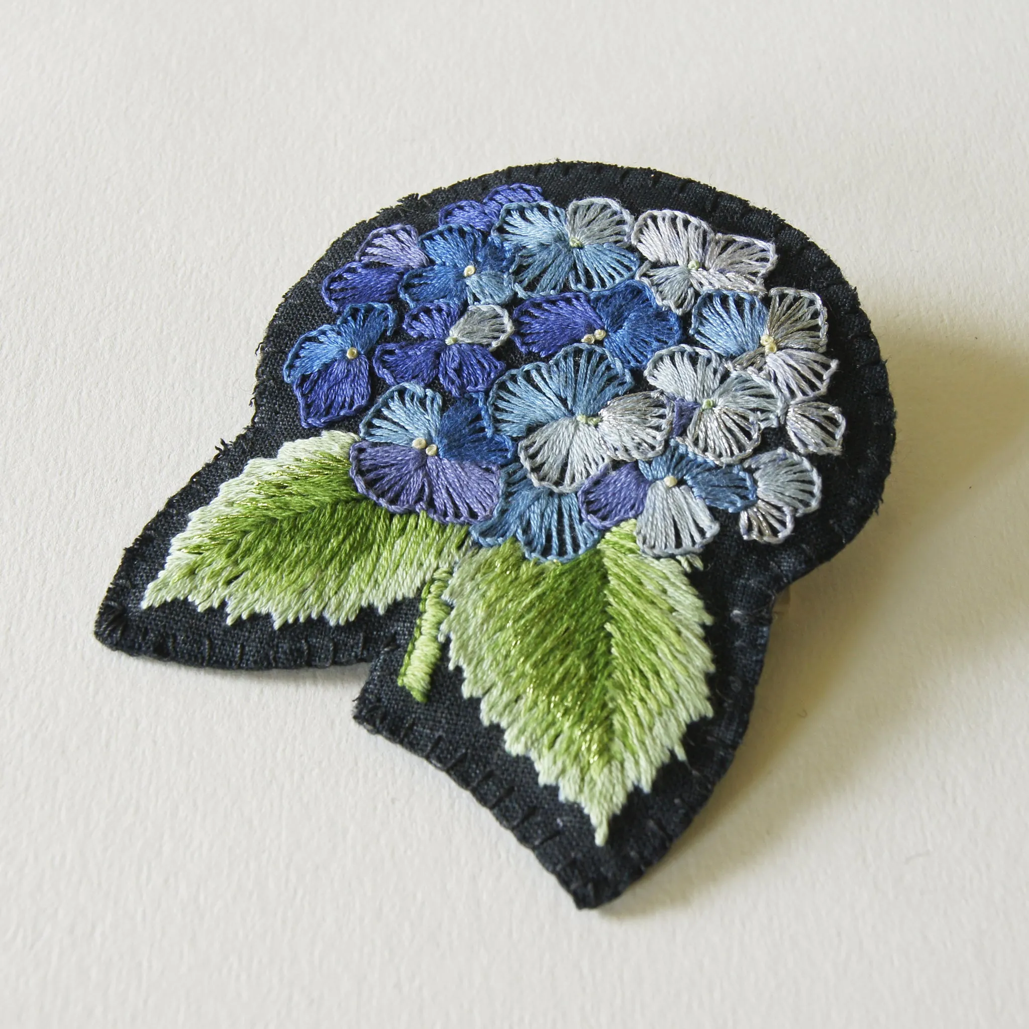 Embroidered hydrangea brooch