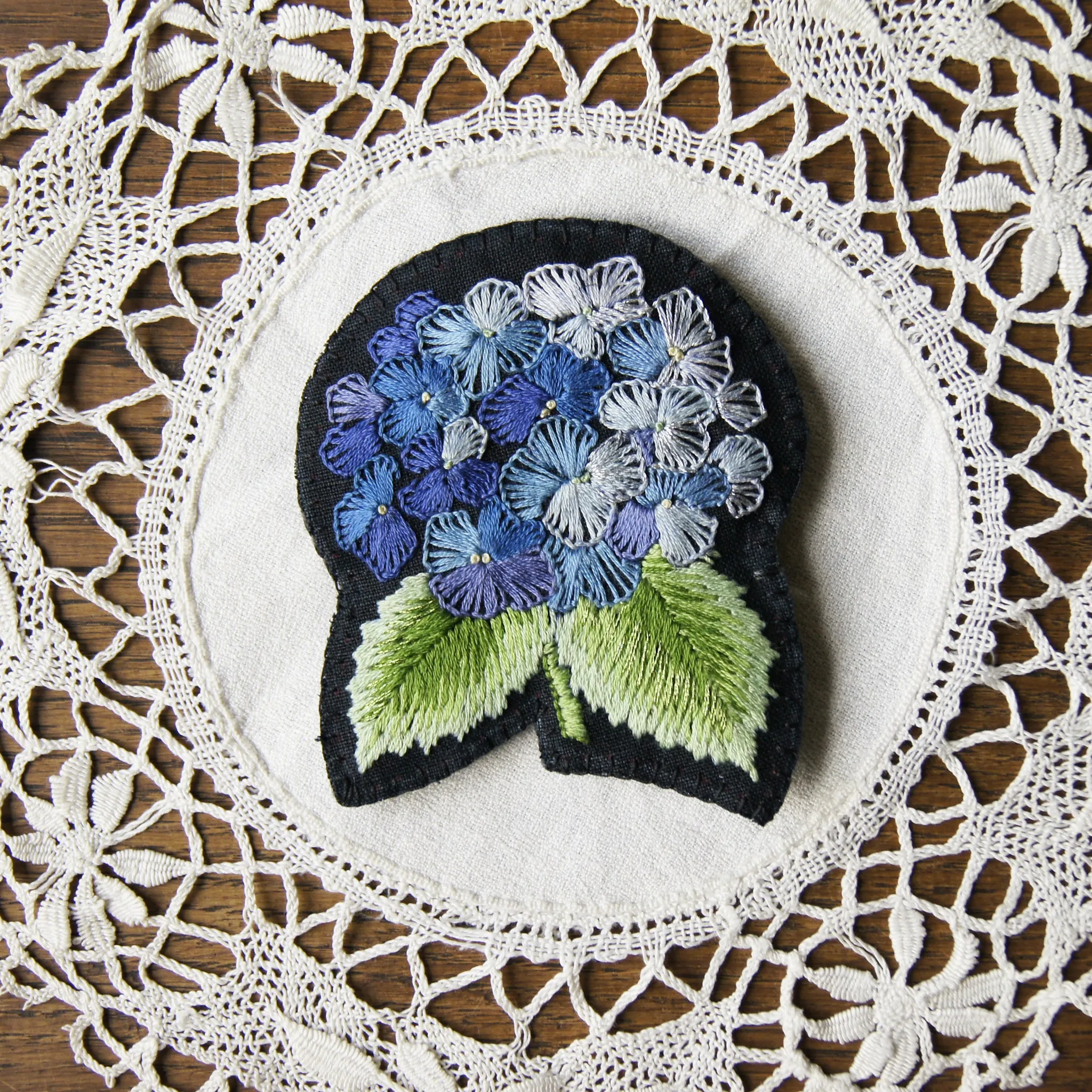 Embroidered hydrangea brooch