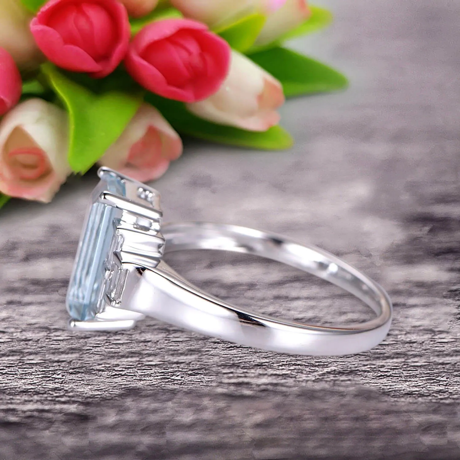 Emerald Cut 1.25 Carat Aquamarine Engagement Ring Anniversary Gift in 10k White Gold