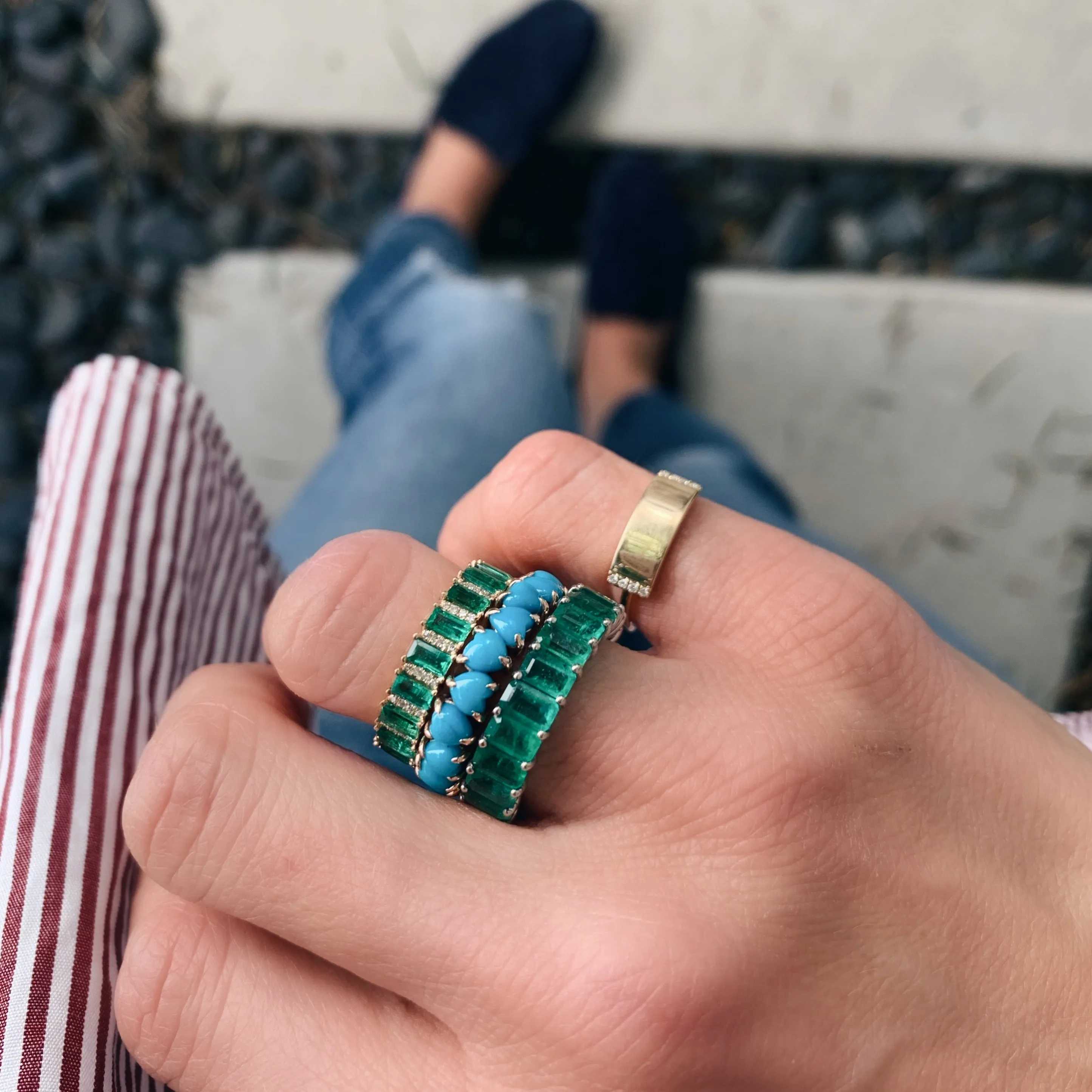 Emerald Cut Emeralds with Diamond Accents Eternity Band Ring