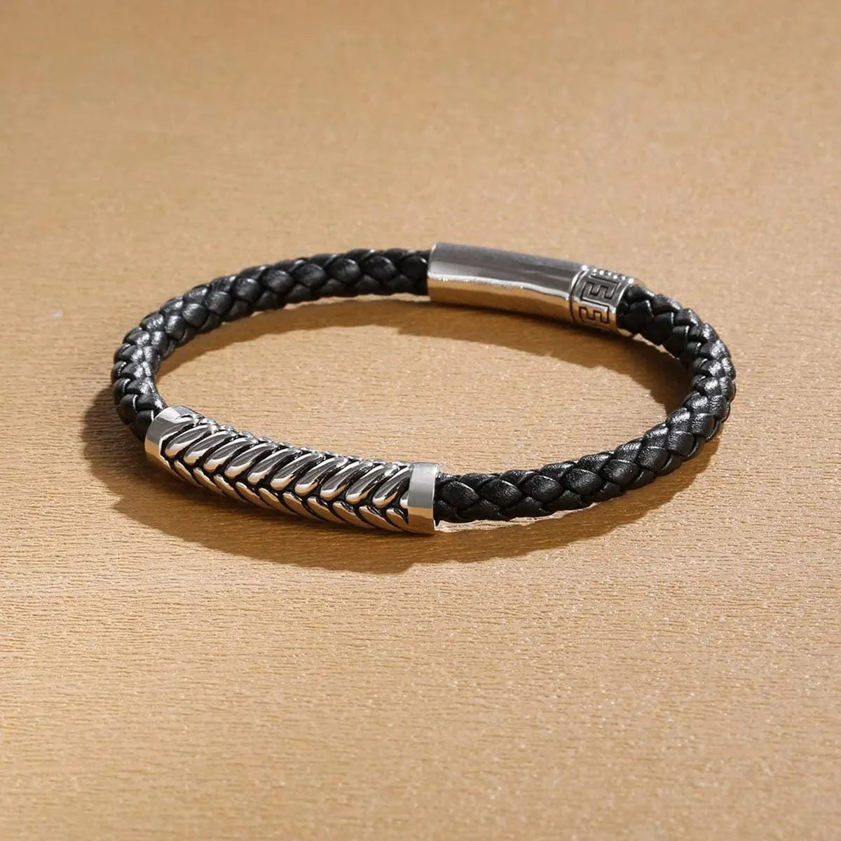 FANCIME Footmark Mens Braided Leather Sterling Silver Bracelet