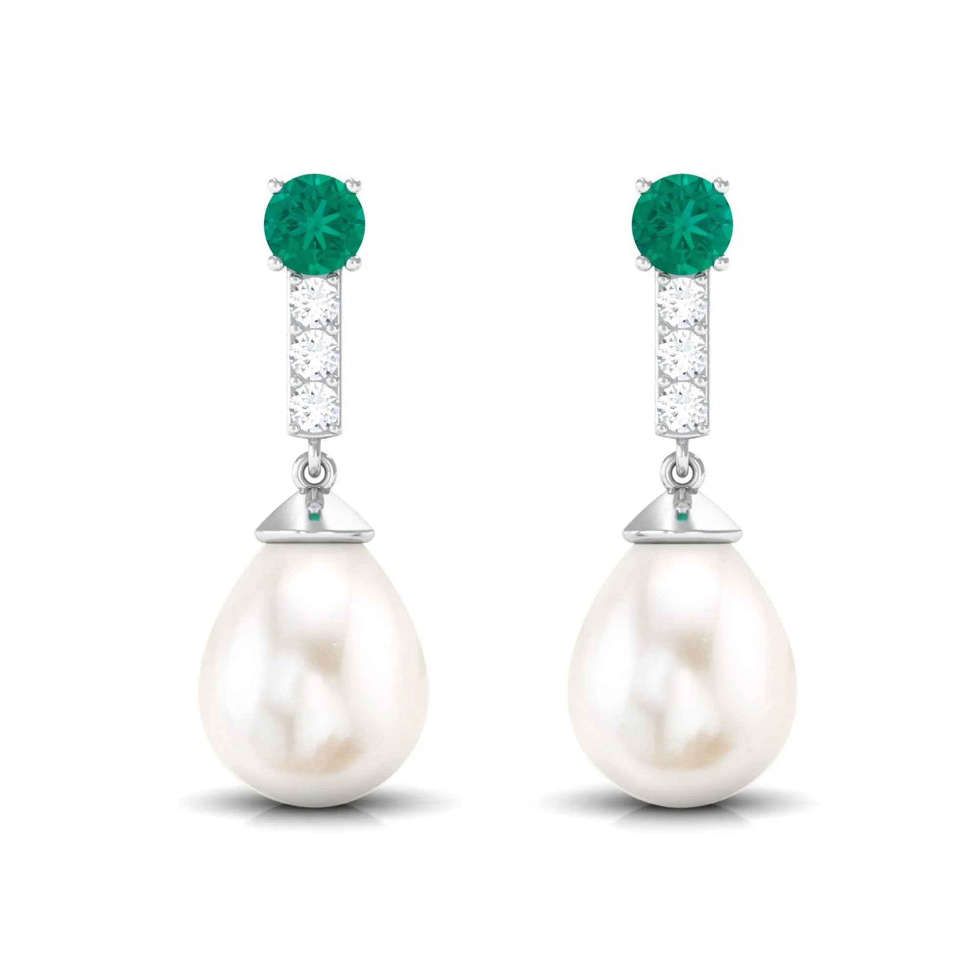 Freshwater Pearl Teardrop Earrings with Moissanite and Emerald