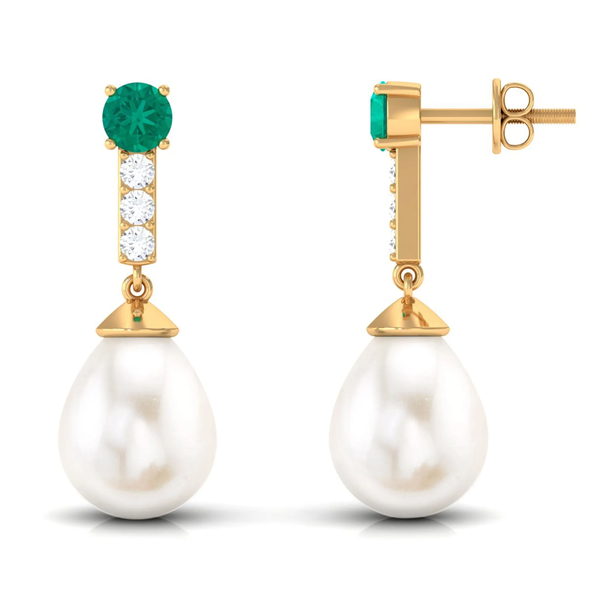 Freshwater Pearl Teardrop Earrings with Moissanite and Emerald