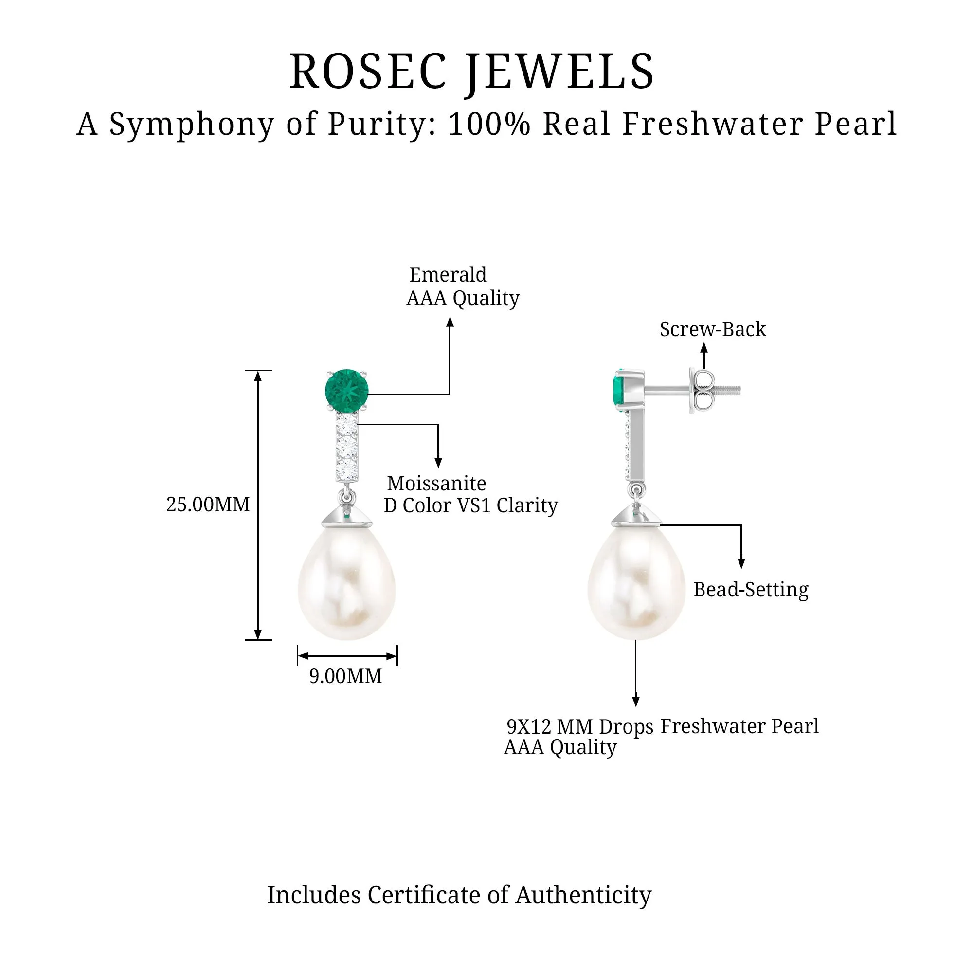 Freshwater Pearl Teardrop Earrings with Moissanite and Emerald