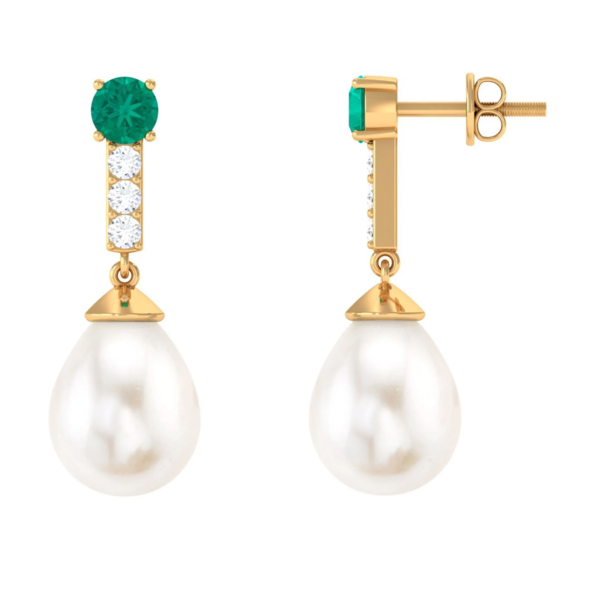 Freshwater Pearl Teardrop Earrings with Moissanite and Emerald