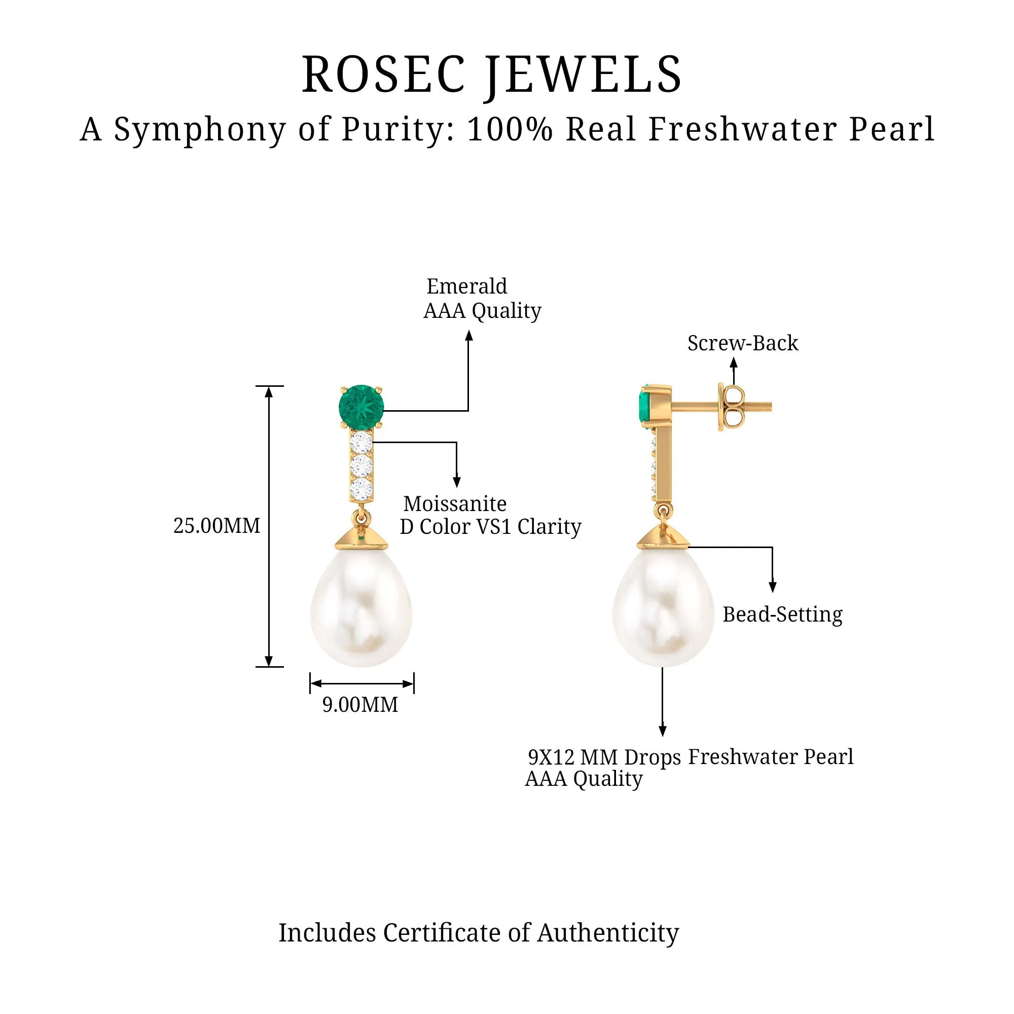 Freshwater Pearl Teardrop Earrings with Moissanite and Emerald