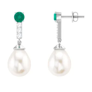 Freshwater Pearl Teardrop Earrings with Moissanite and Emerald