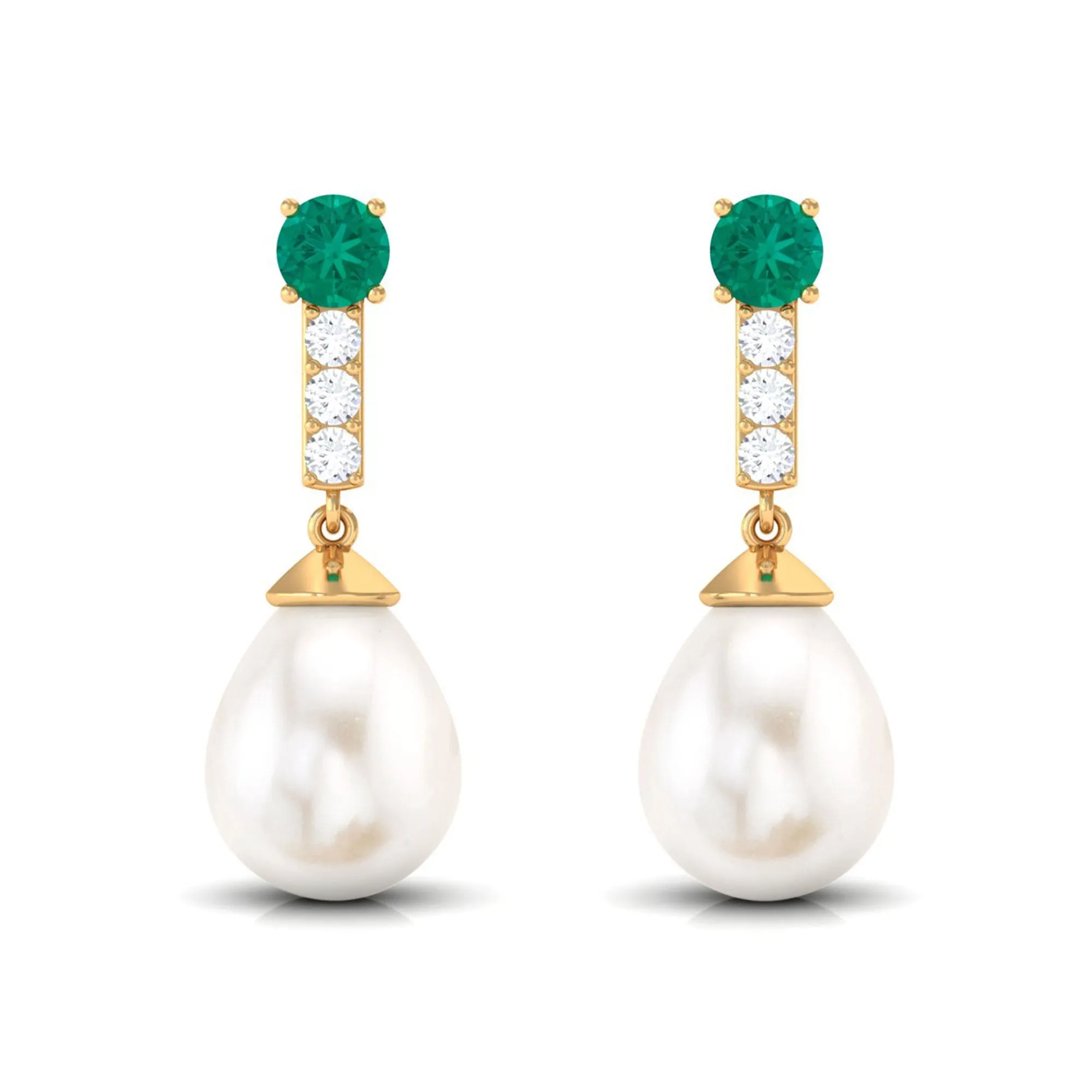 Freshwater Pearl Teardrop Earrings with Moissanite and Emerald