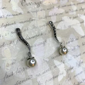 Glass pearl drop Earrings silver Marcasite vintage bride