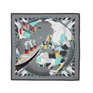 Grey and Blue Globe and Ship Silk Scarf