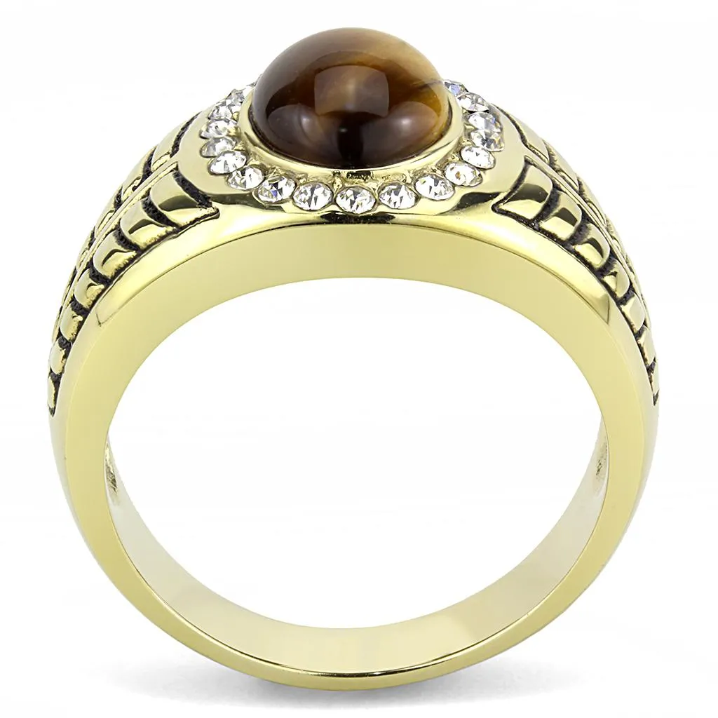 IP Gold(Ion Plating) Stainless Steel Ring with Synthetic Tiger Eye in Topaz for Women Style TK3293