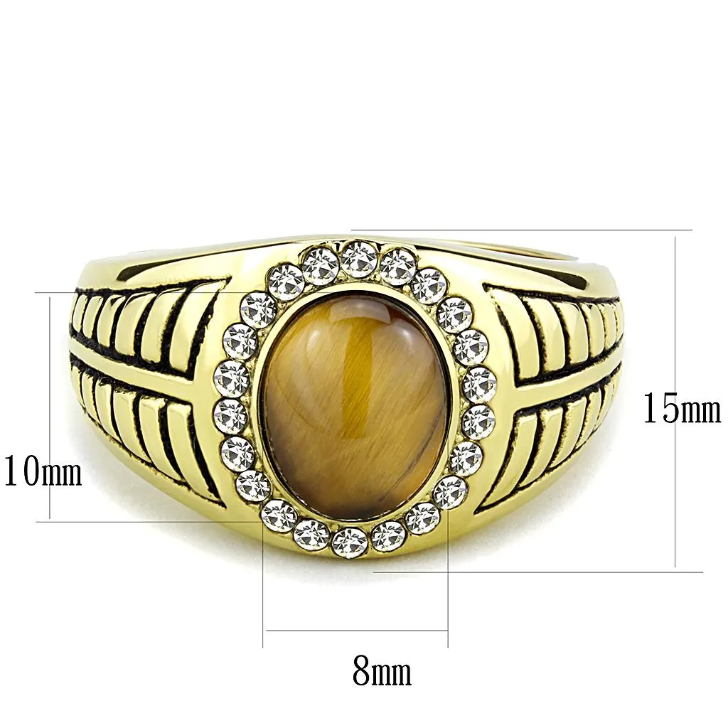 IP Gold(Ion Plating) Stainless Steel Ring with Synthetic Tiger Eye in Topaz for Women Style TK3293