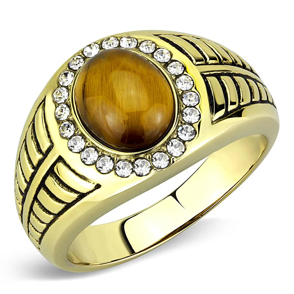 IP Gold(Ion Plating) Stainless Steel Ring with Synthetic Tiger Eye in Topaz for Women Style TK3293