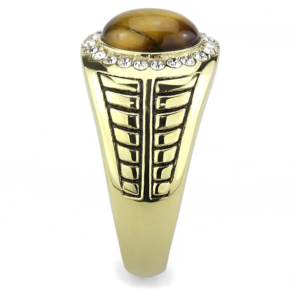 IP Gold(Ion Plating) Stainless Steel Ring with Synthetic Tiger Eye in Topaz for Women Style TK3293