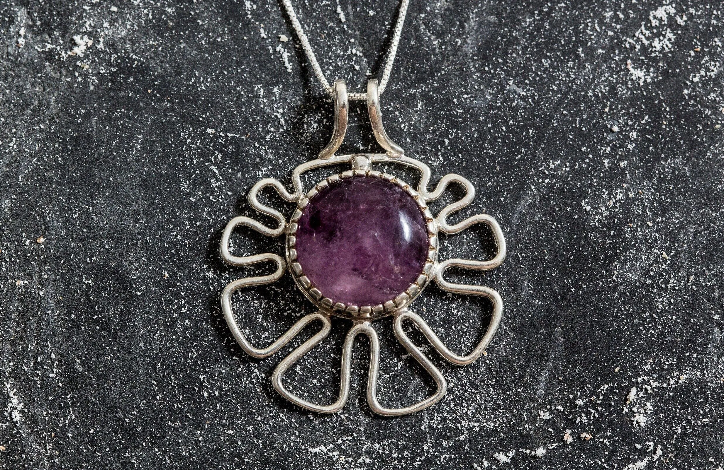 Large Amethyst Pendant - Natural Amethyst Necklace - Statement Flower Pendant