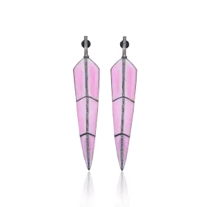 Large Pearl Rose Enamel Feather Earrings