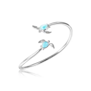 Life@Sea Genuine Sterling Silver and Larimar Double Sea Turtle Bangle Bracelet